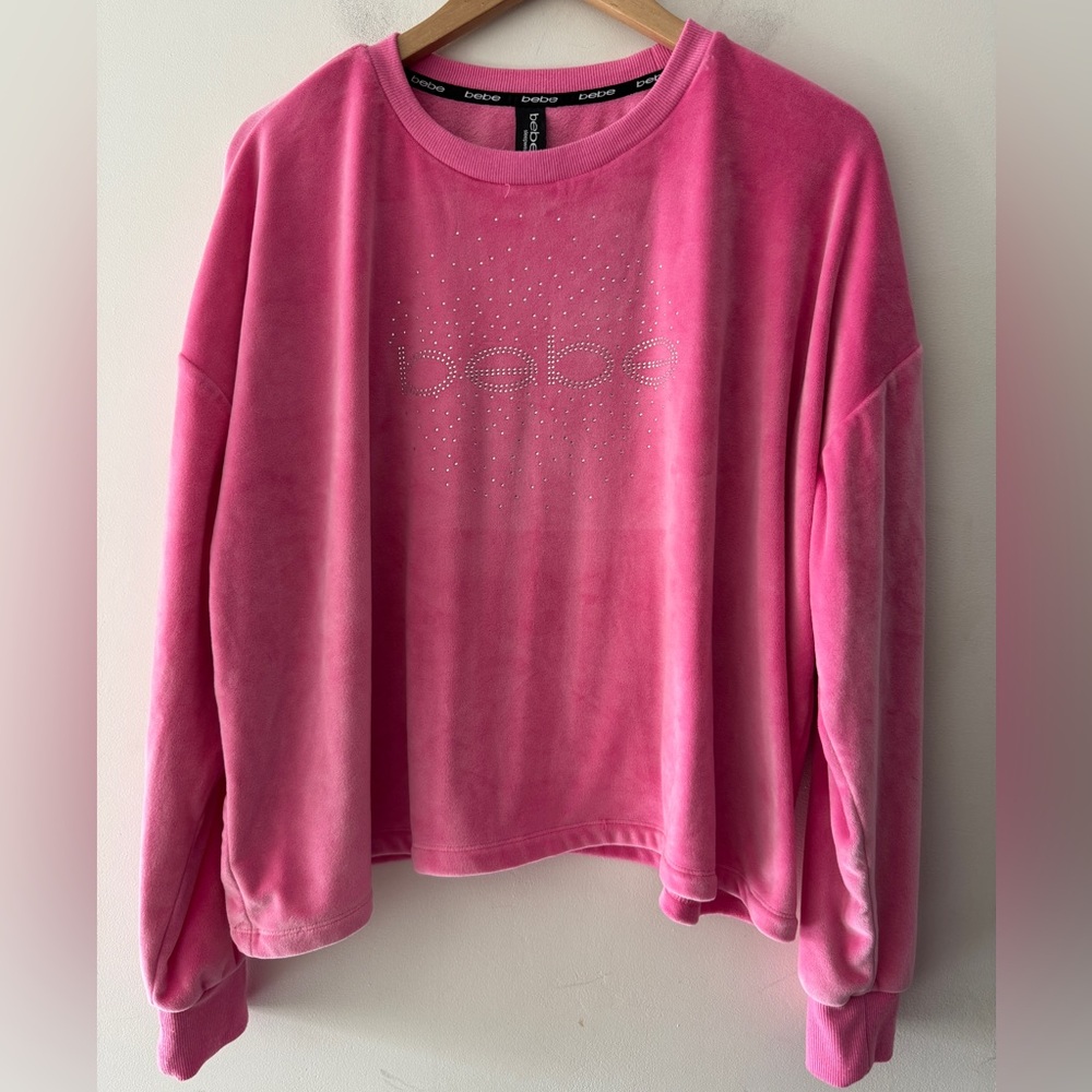 Bebe Pink Velvet‎ Cozy Pullover Rhinestone Sparkle Detail